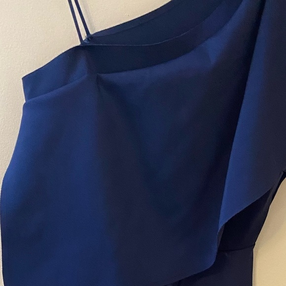 Topshop Ruffle One Shoulder Asymmetrical Hem Blue Scuba Dress - Picture 12 of 16